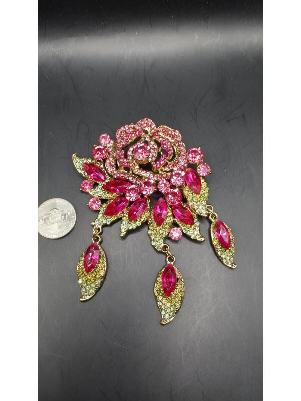 Floral Pink Glass Flower Brooch Pin Gold Metal Marquise Round Stones